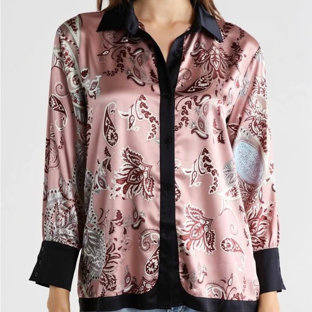 First Love by Lovelyn Pink Paisley Satin Colorblock Blouse